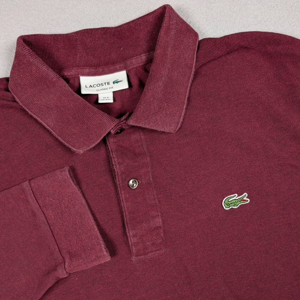 Lacoste Long Sleeve Polo Shirt Mens 3XL Burgundy Classic Fit Cotton Pique Logo